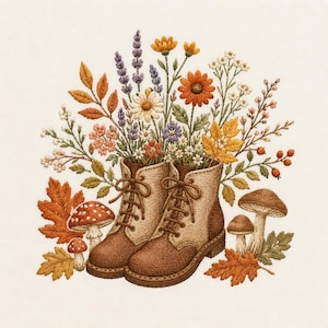 May include: An embroidery design featuring a pair of tan and brown lace-up boots filled with a bouquet of wildflowers, lavender, and autumn leaves. The boots are surrounded by orange and brown fall foliage and several brown and red mushrooms.