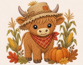 Puede incluir: Un diseño bordado que muestra una vaca highland marrón y esponjosa con un sombrero de paja y un pañuelo de cuadros rojos. La vaca está rodeada de tallos de maíz, una calabaza naranja grande y hojas de otoño dispersas en tonos rojos, naranjas y verdes.