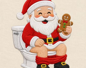 May include: An embroidered design of Santa Claus sitting on a white toilet. Santa wears a red suit with white trim, a black belt with a gold buckle, and black boots. He holds a brown gingerbread man cookie in one hand while smiling broadly.