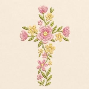 May include: An embroidery design featuring a cross shape composed of various pink and yellow flowers with green leaves. The floral arrangement includes multiple shades of pink petals, small yellow blossoms, and slender green stems on a cream fabric.