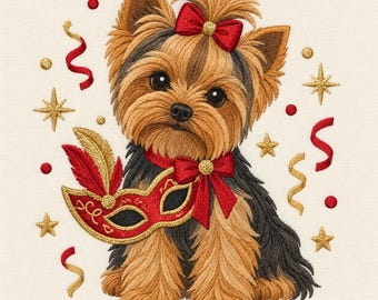 May include: An embroidered Yorkshire Terrier with tan and black fur, wearing a red bow on its head and a matching red bow around its neck. The dog holds a red and gold masquerade mask. The design includes gold stars, red confetti, and gold ribbons.