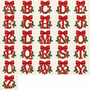 May include: A collection of twenty-six individual alphabet letters from A to Z, each rendered in a bold red font. Every letter is adorned with a large red ribbon bow at the top and green holly leaves with red berries surrounding the base.