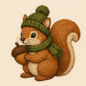 Puede incluir: Una ilustración bordada de una ardilla marrón con vientre color crema y una gran cola tupida. La ardilla lleva un gorro de punto verde con un pompón y una bufanda de punto a juego mientras sostiene una bellota marrón texturizada.