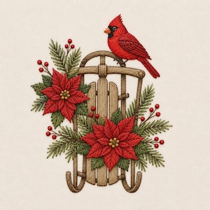 Puede incluir: Un diseño de bordado que presenta un pájaro cardenal rojo brillante posado sobre un trineo de madera. El trineo está decorado con flores de pascua rojas vibrantes, agujas de pino verdes y pequeñas bayas rojas dispuestas a ambos lados.