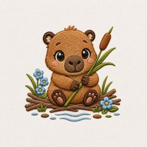 Op de afbeelding: Een geborduurde patch met een bruine capibara die op een stapel houten blokken zit. De capibara houdt een groene lisdodde vast. De scène bevat kleine blauwe bloemen, groene bladeren en gestileerde blauwe waterrimpelingen aan de basis.