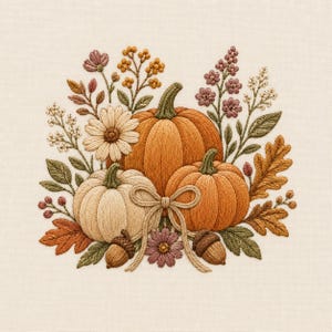 May include: An embroidery design on cream fabric featuring two orange pumpkins and one cream pumpkin. The arrangement includes a central tan ribbon bow, brown acorns, oak leaves, green foliage, and small purple and white floral sprigs.