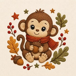 May include: An embroidery design featuring a brown monkey wearing a textured orange scarf and holding an acorn. The monkey is surrounded by autumn-themed elements including orange and green oak leaves, small red berries, and several small stars.