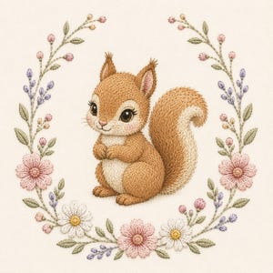 Può includere: Un ricamo raffigurante uno scoiattolo marrone chiaro con pancia e coda folta color crema, centrato all'interno di una ghirlanda circolare di fiori rosa e bianchi, foglie verdi e piccoli boccioli viola su uno sfondo di tessuto color avorio.