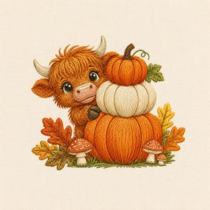 Op de afbeelding: Een geborduurde illustratie van een pluizige gemberkleurige Schotse Hooglander naast een stapel van drie oranje en witte pompoenen. De scène bevat herfstachtige eikenbladeren in geel- en oranjetinten, samen met kleine rood-witte paddenstoelen.
