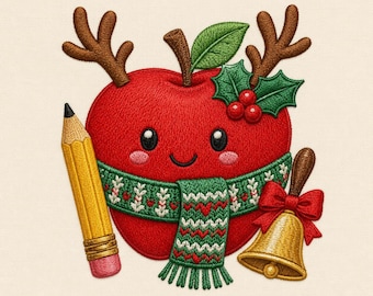 May include: An embroidered design featuring a bright red apple with a smiling face, wearing a green and white patterned scarf. The apple has brown reindeer antlers, a green leaf, holly berries, a yellow pencil, and a gold bell with a red bow.