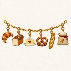 Könnte beinhalten: Ein gesticktes Design einer goldenen Kettenglieder-Armband-Charms mit sechs Anhängern zum Thema Bäckerei: ein Croissant, ein Brotlaib, eine Butterdose mit rotem Herz, eine Brezel, ein Baguette und ein Mehlsack mit Weizenähre und roter Schleife.