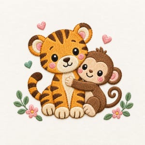 Pode incluir: Um emblema bordado apresentando um tigre e um macaco de desenho animado se abraçando. O tigre é laranja com listras marrons e o macaco é marrom. O design inclui pequenos corações rosas, ramos verdes e flores rosas em um fundo branco.