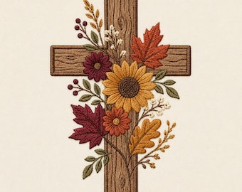 Puede incluir: Un diseño de bordado que presenta una cruz de madera marrón decorada con elementos de temática otoñal, incluyendo un gran girasol amarillo, hojas de arce naranjas y burdeos, pequeñas bayas rojas y ramas de flores blancas sobre fondo crema.
