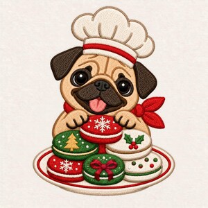 May include: An embroidered design of a tan pug wearing a white chef hat with a red band and a red neckerchief. The pug is holding a stack of colorful Christmas-themed cookies on a plate, featuring red, green, and white icing with snowflake motifs.