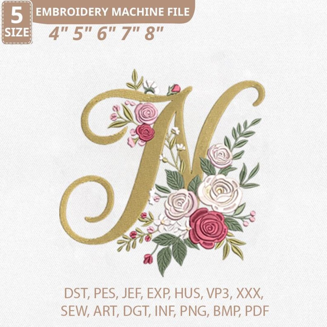 Monogram N Pattern Floral Monogram N Embroidery Design, Shabby Chic Rose Initial Pattern ...