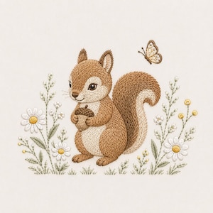 May include: An embroidery design featuring a brown squirrel holding a brown acorn, surrounded by white daisy flowers with yellow centers and green stems. A small brown and white butterfly is positioned in the upper right corner of the scene.
