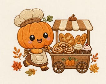 May include: An embroidery design featuring a smiling pumpkin character wearing a chef hat and apron, pushing a wooden cart filled with baked goods like cinnamon rolls, bread, and cupcakes, surrounded by scattered autumn leaves.
