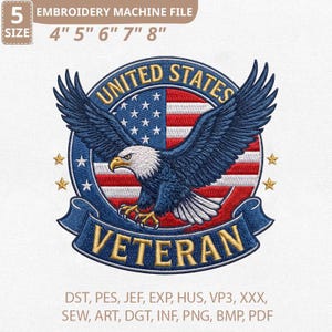 Op de afbeelding: Een borduurmachinebestand met een gedetailleerd ontwerp van een Amerikaanse zeearend met uitgestrekte vleugels, tegen een achtergrond van de Amerikaanse vlag. Het ontwerp bevat de tekst "UNITED STATES VETERAN" en is verkrijgbaar in maten van 10,16 cm tot 20,32 cm.