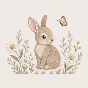 Diseño de bordado a máquina de conejito del bosque, patrón floral de conejo (descarga digital)