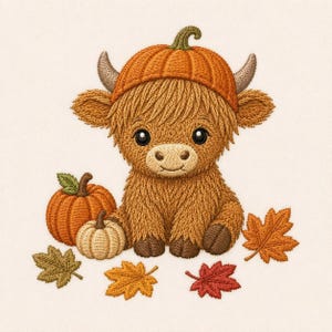 May include: An embroidered illustration of a fluffy brown Highland calf wearing a pumpkin as a hat. The calf is sitting next to two pumpkins and four autumn leaves in shades of orange, yellow, and red on a light cream-colored background.