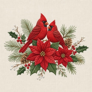 May include: An embroidery design featuring two bright red cardinal birds perched among vibrant red poinsettia flowers, green pine needles, brown pinecones, holly leaves, and small white berries on a light beige fabric background.