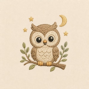 Peut inclure: Une broderie représentant un hibou marron aux grands yeux noirs perché sur une branche avec des feuilles vertes. Le motif comprend trois petites étoiles jaunes et un croissant de lune jaune au-dessus du hibou sur un tissu beige clair.
