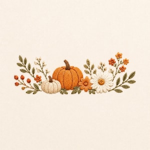 May include: An embroidery design on cream fabric featuring a large orange pumpkin, a smaller beige pumpkin, white daisies, orange flowers, and green leafy branches with small red berries arranged in a horizontal decorative composition.