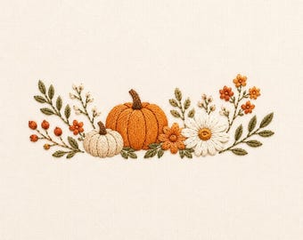 May include: An embroidery design on cream fabric featuring a large orange pumpkin, a smaller beige pumpkin, white daisies, orange flowers, and green leafy branches with small red berries arranged in a horizontal decorative composition.