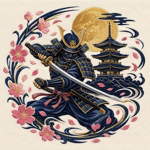 Samurai Embroidery Design, Japanese Warrior Machine File, Cherry Blossom Frame (Instant Download)