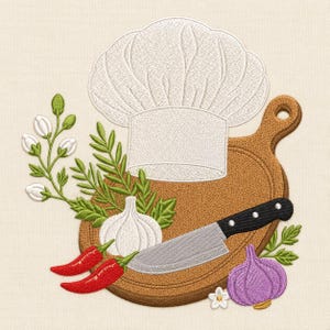 May include: An embroidery design featuring a white chef hat, a brown wooden cutting board, a silver kitchen knife with a black handle, two red chilli peppers, a white garlic bulb, a purple garlic bulb, and green herbs with small white flowers.