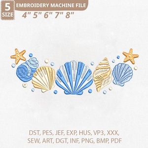 Puede incluir: Archivo de máquina de bordar con conchas marinas y estrellas de mar bordadas en azul, beige y naranja. El diseño incluye varias formas y tamaños de conchas, con el texto "EMBROIDERY MACHINE FILE" y tamaños de 10.16cm a 20.32cm.