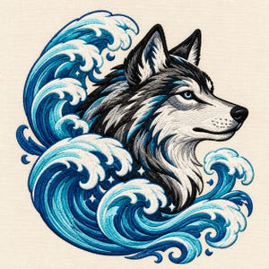 May include: An embroidered patch featuring a wolf head in profile, rendered in shades of black, grey, and white, emerging from stylised, swirling ocean waves in vibrant tones of deep blue, light blue, and white on a cream fabric.
