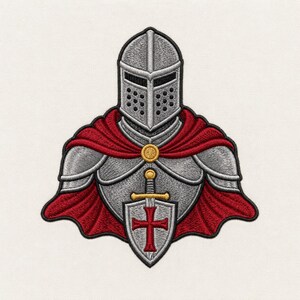 Può includere: Una toppa ricamata raffigurante un cavaliere in armatura d'argento con elmo a visiera. Il cavaliere indossa un mantello rosso vivace fissato con una spilla dorata e regge uno scudo con una croce rossa e una spada al centro.
