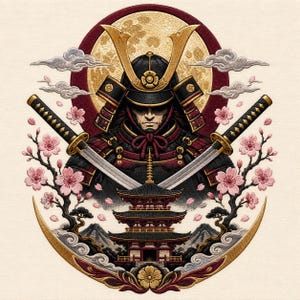 May include: An embroidered design featuring a samurai in black and red armor with a golden helmet, positioned before a large moon. Two crossed katanas are displayed in front of a multi-tiered pagoda, surrounded by pink cherry blossoms and clouds.