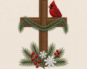 May include: An embroidery design featuring a brown cross adorned with green pine branches. A bright red cardinal bird sits on the cross. The base is decorated with more pine branches, red berries, and two white embroidered snowflakes.
