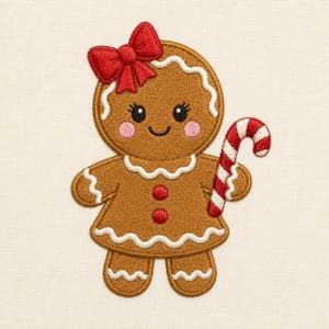 Pode incluir: Um emblema bordado de uma figura de pão de mel com corpo castanho, contornos de glacê branco, um grande laço vermelho na cabeça, bochechas cor-de-rosa e dois botões vermelhos. A figura segura uma bengala doce às riscas vermelhas e brancas.
