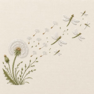 Puede incluir: Un bordado sobre tela color crema que muestra un diente de león con semillas blancas volando con el viento. Varias libélulas verdes con alas blancas se encuentran entre las semillas flotantes, creando una escena de movimiento natural.