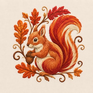May include: An embroidery design featuring a squirrel with orange and white fur holding a brown acorn. The squirrel is surrounded by detailed autumn oak leaves in shades of red, orange, and gold, accented with decorative brown swirling vine motifs.