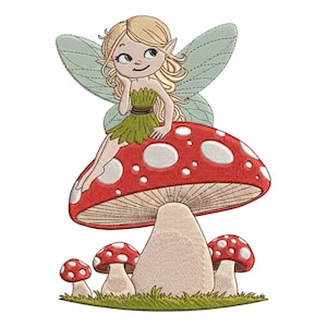 May include: A whimsical embroidery design featuring a blonde fairy with green wings and a green dress, seated on a red mushroom with white spots. Additional smaller mushrooms are at the base, all on a white background.