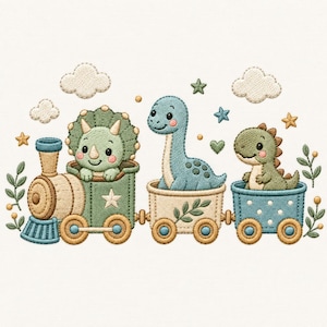 May include: An embroidery design featuring a green triceratops in a train engine, a blue long-necked dinosaur in a carriage, and a green dinosaur in a blue polka-dot carriage. The scene includes embroidered clouds, stars, and small green leaves.