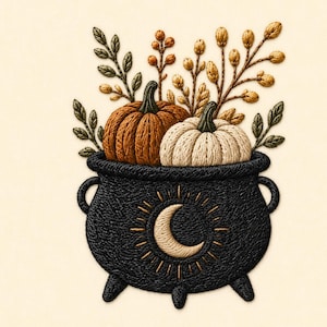 Witch Cauldron Pumpkin Embroidery Design, Celestial Moon Fall Machine File (Digital Download)