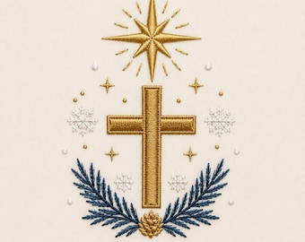 Puede incluir: Un diseño de bordado que presenta una cruz dorada central coronada por una gran estrella dorada. La cruz está flanqueada por copos de nieve blancos y ramas de pino azul oscuro, con una piña dorada en la base y pequeños puntos dorados y blancos.