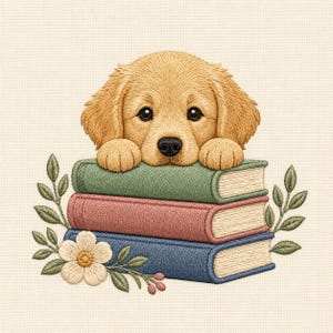 May include: An embroidered illustration of a golden puppy resting its chin on a stack of three books. The books are green, pink, and blue, and the stack is decorated with green leaves and a single white flower with a yellow center on the side.