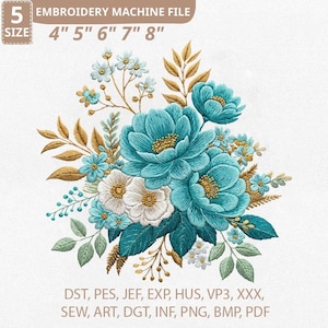 Könnte beinhalten: Eine Stickmaschinen-Datei mit einem floralen Design. Das Design umfasst große türkis- und weiße Blumen mit goldenen Akzenten, umgeben von grünen Blättern und kleineren blauen Blumen. Die Dateigrößen reichen von 10.16 bis 20.32 cm. Die Dateiformate umfassen DST, PES, JEF, EXP, HUS, VP3, XXX, SEW, ART, DGT, INF, PNG, BMP und PDF.