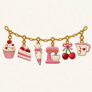 Può includere: Un design di bracciale a catena color oro con sei ciondoli ricamati a tema pasticceria: un cupcake rosa, una fetta di torta alle fragole, una sac à poche, un'impastatrice rosa, due ciliegie rosse con un fiocco rosa e un misurino.