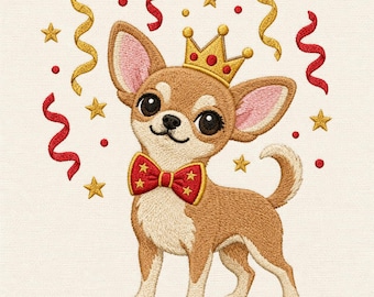 May include: An embroidered design of a tan chihuahua wearing a gold crown with red accents and a red bow tie with gold stars. The dog is surrounded by red and gold swirling streamers, small red dots, and gold stars on a cream-colored fabric.