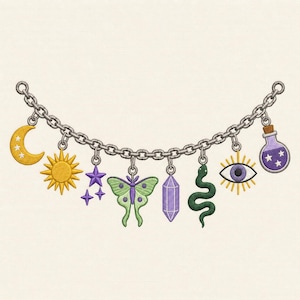 May include: An embroidered silver chain featuring hanging charms including a yellow crescent moon, a yellow sun, purple stars, a green moth, a purple crystal, a green snake, an eye with yellow rays, and a purple potion bottle with white stars.