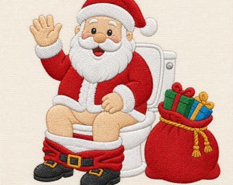 May include: An embroidered design of Santa Claus sitting on a white toilet, waving with one hand. Santa wears a red suit with white trim, black boots, and a red hat. Beside the toilet sits a large red sack filled with green and blue gift boxes.