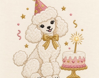 May include: An embroidery design of a white poodle wearing a pink polka-dot party hat and a gold bow tie. The poodle sits next to a pink and white birthday cake on a gold pedestal stand, with gold stars and pink confetti surrounding them.