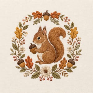 Puede incluir: Un diseño de bordado que presenta una ardilla marrón sosteniendo una bellota en el centro, rodeada por una corona circular de hojas de otoño, pequeñas flores blancas, bayas y bellotas en tonos marrón, naranja, verde y crema.